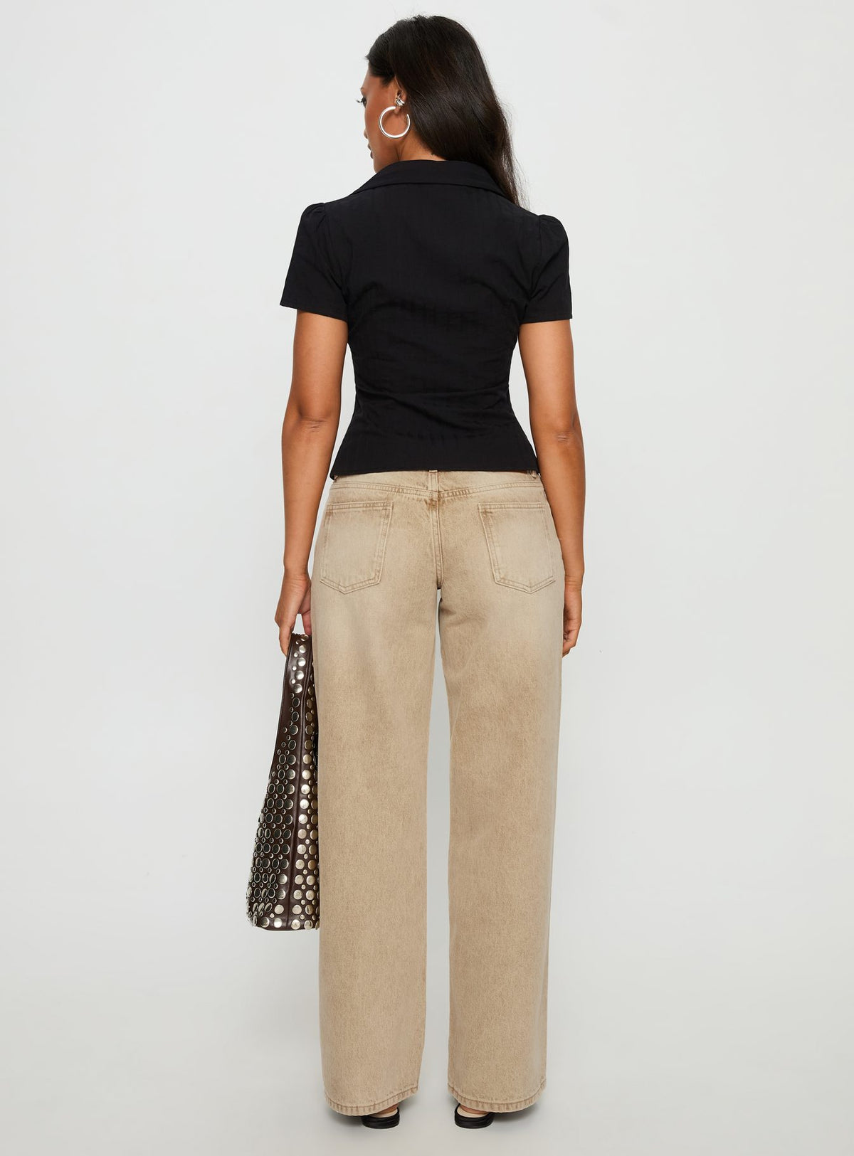 back view of model wearing Princess Polly Ellanor Low Rise Straight Leg Jeans Tan Low Rise Jeans Jeans 