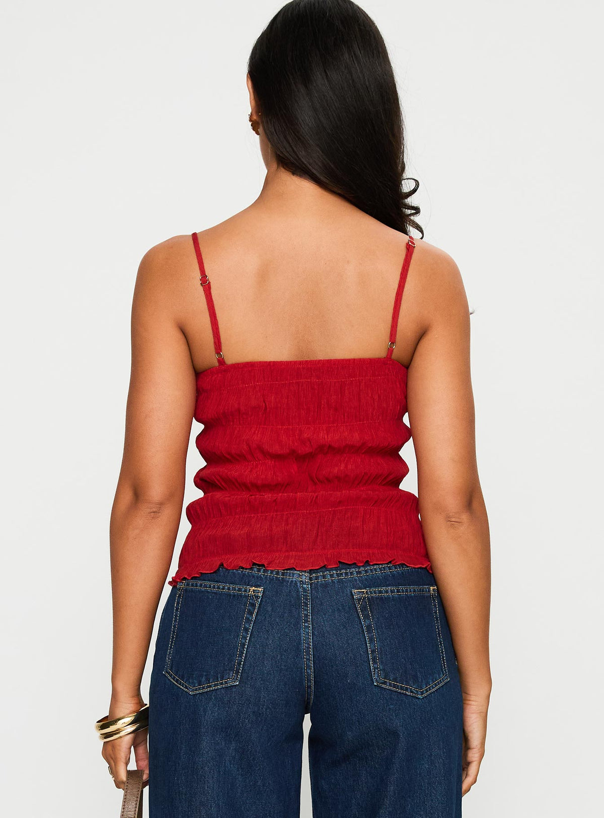 back view of model wearing Princess Polly Money Maker Ruched Cami Top Red Sleeveless Sweetheart 