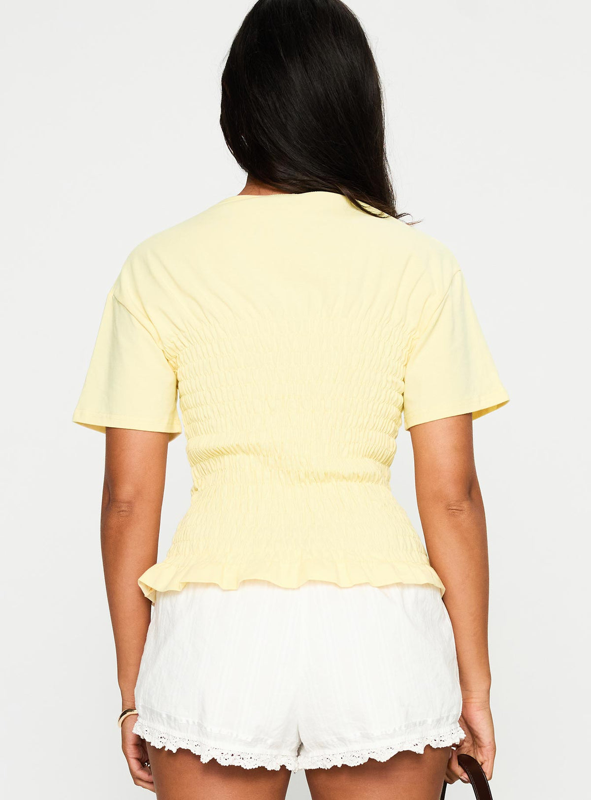 back view of model wearing Princess Polly Maybe Tomorrow Ruched Top Lemon Short Sleeves Crew Neck 