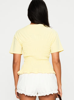 back view of model wearing Princess Polly Maybe Tomorrow Ruched Top Lemon Short Sleeves Crew Neck 