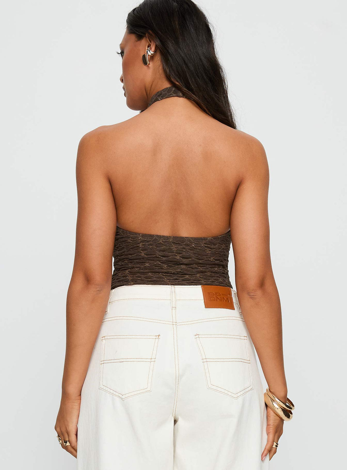 back view of model wearing Princess Polly Libbey Hardware Detail Textured Bodysuit Brown Sleeveless Bodysuit 