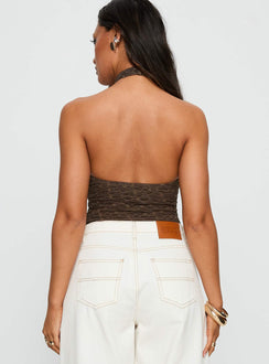 back view of model wearing Princess Polly Libbey Hardware Detail Textured Bodysuit Brown Sleeveless Bodysuit 