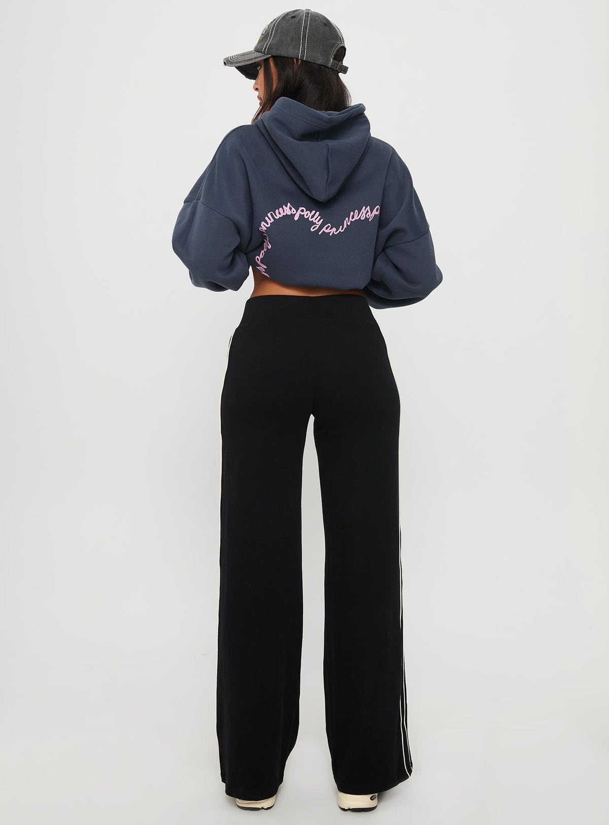 back view of model wearing Princess Polly Ascenda Straight Leg Track Pant Black High Waisted Pants 