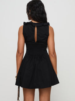 back view of model wearing Princess Polly Oliveah Frill Mini Dress Black Petite Square Neck 
