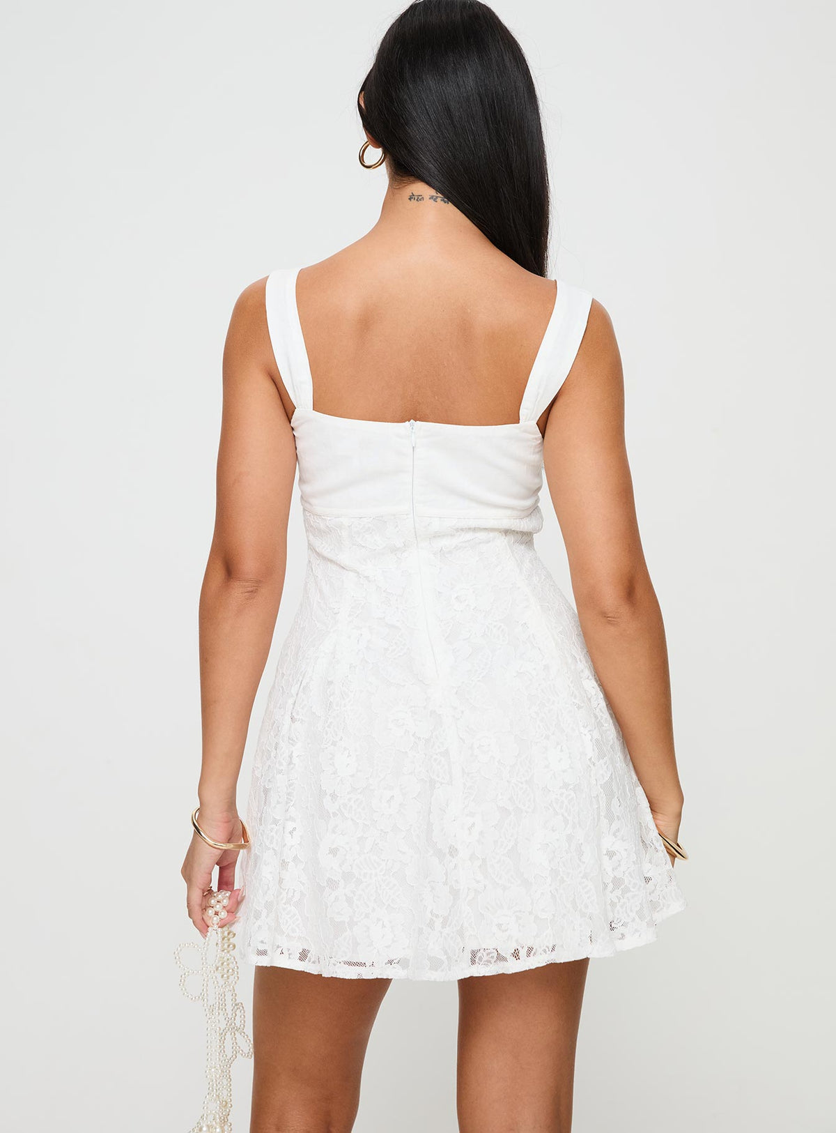 back view of model wearing Princess Polly Tadea Mini Dress White Sweetheart Neckline 