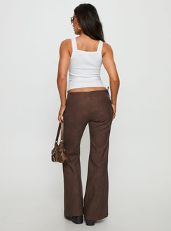 back view of model wearing Princess Polly Trickrider Tie Side Faux Leather Pants Chocolate Mid Rise Pants Pants 