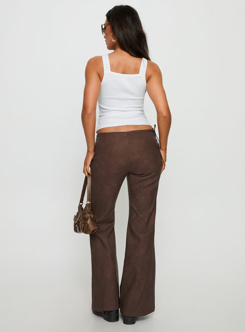 back view of model wearing Princess Polly Trickrider Tie Side Faux Leather Pants Chocolate Mid Rise Pants Pants 