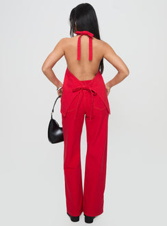 back view of model wearing Princess Polly Top Model Jeans Red Mid Rise Jeans Jeans 