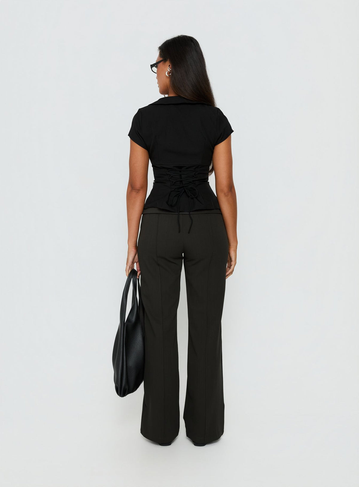 Capturing the Belvia Layered Mid Rise Pants Slate Grey womens-regular-pants with wide-leg silhouette and belt detail back view of model wearing Princess Polly