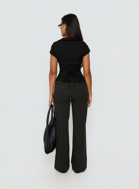 Capturing the Belvia Layered Mid Rise Pants Slate Grey womens-regular-pants with wide-leg silhouette and belt detail back view of model wearing Princess Polly