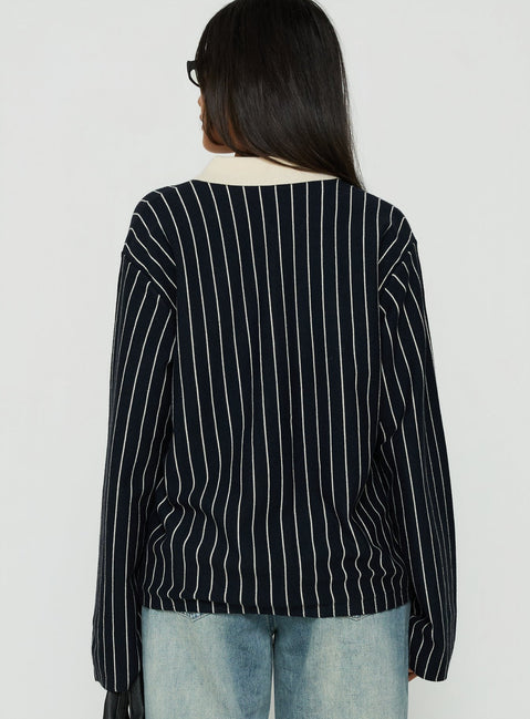 Highlighting the Boarders V Neck Polo Jumper Navy Stripe womens-jumpers in short length with oversized fit back view of model wearing Princess Polly