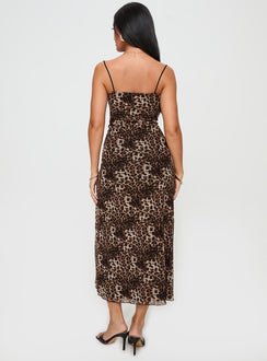 back view of model wearing Princess Polly Sugar Maxi Dress Leopard Cowl Neck 