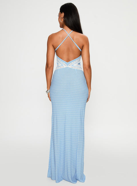back view of model wearing Princess Polly Wild Joy Halter Maxi Dress Blue Polka Asymmetric Neckline 
