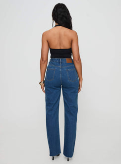 back view of model wearing Princess Polly Kalinda High Rise Straight Leg Jeans Mid Blue High Rise Jeans Jeans 