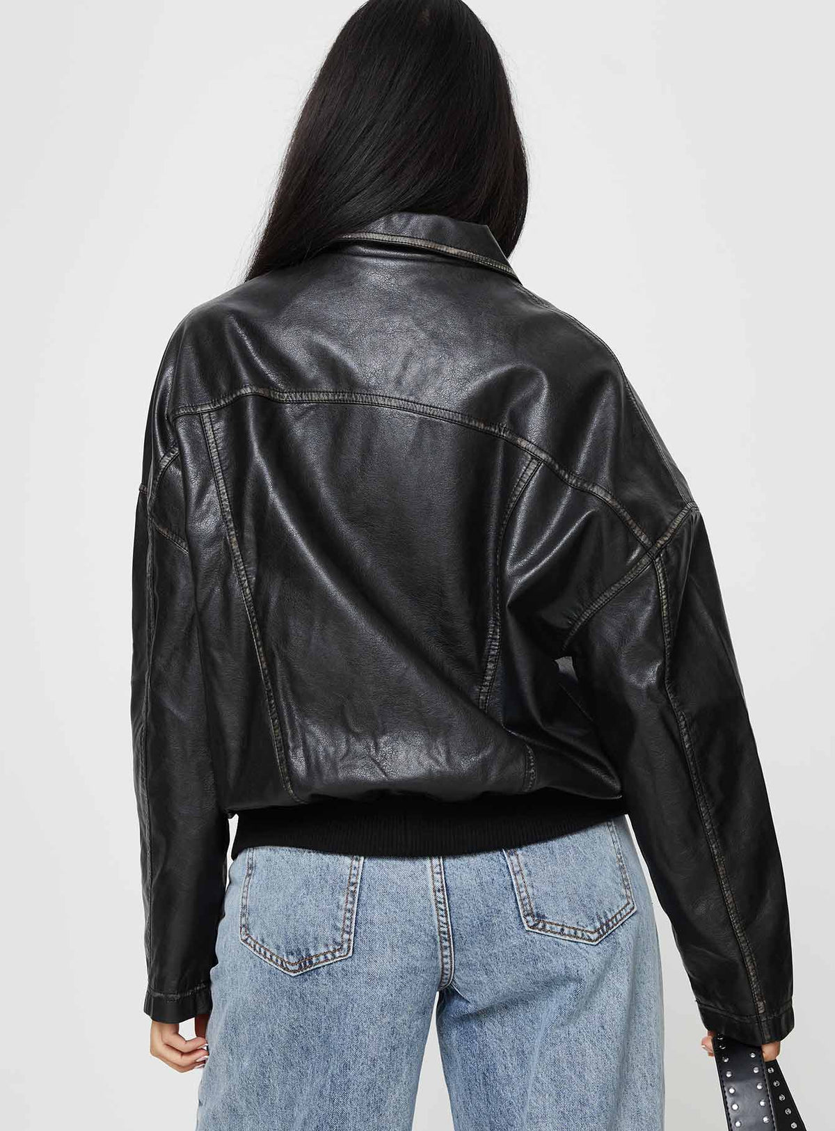 Washed PU jacket Classic collar, silver-toned hardware, zip fastening at front, twin chest pockets, elasticated waistband