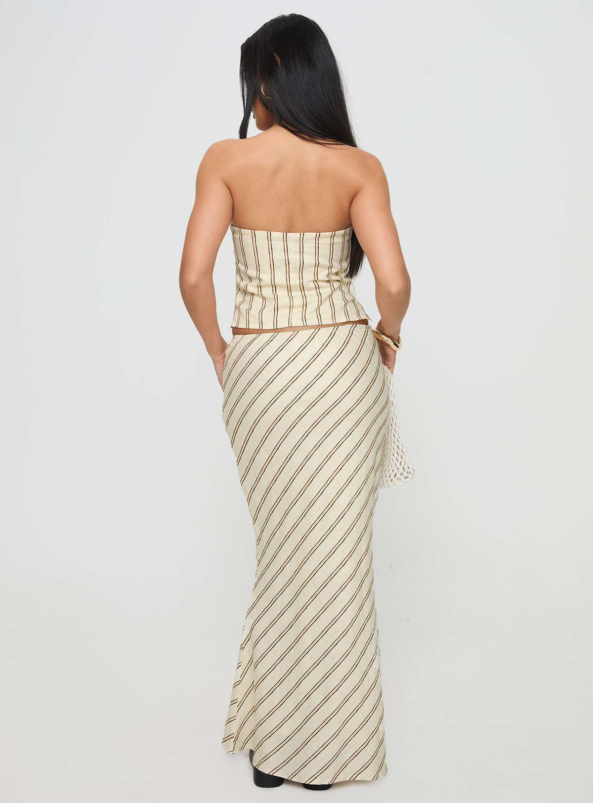 back view of model wearing Princess Polly Mercer Linen Blend Maxi Skirt Cream Skirts 