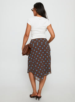 back view of model wearing Princess Polly Daphene Asymmetrical Midi Skirt Brown / Blue Polka Dot Midi Skirts Skirts 