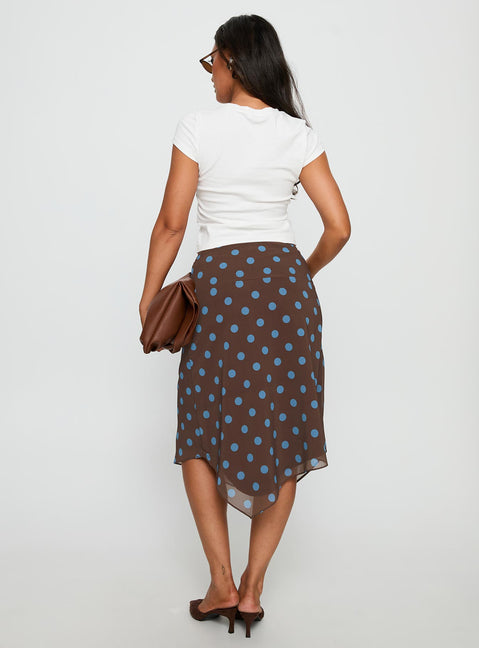 back view of model wearing Princess Polly Daphene Asymmetrical Midi Skirt Brown / Blue Polka Dot Midi Skirts Skirts 