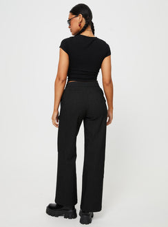 back view of model wearing Princess Polly Jeller Pinstripe Pants Black Petite High Rise Pants Pants 