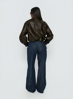 back view of model wearing Princess Polly Paltrow Mid Rise Wide Leg Cargo Jeans Dark Blue Wash Mid Rise Jeans Jeans 
