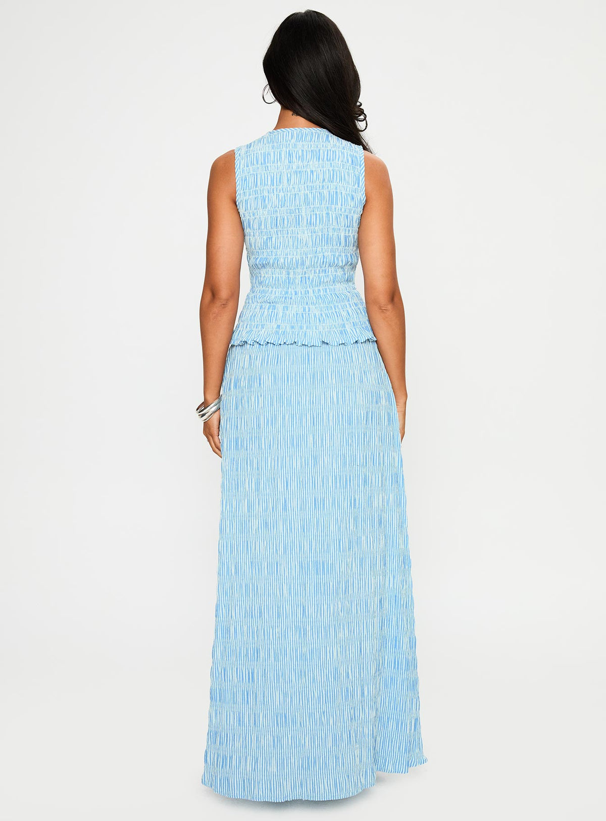 back view of model wearing Princess Polly Songbird Shirred Maxi Dress Blue Crew Neck 