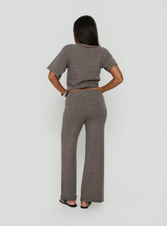 Displaying the Calisse Knit Wide Leg Pants Mocha womens regular pants featuring high-rise back view of model wearing Princess Polly