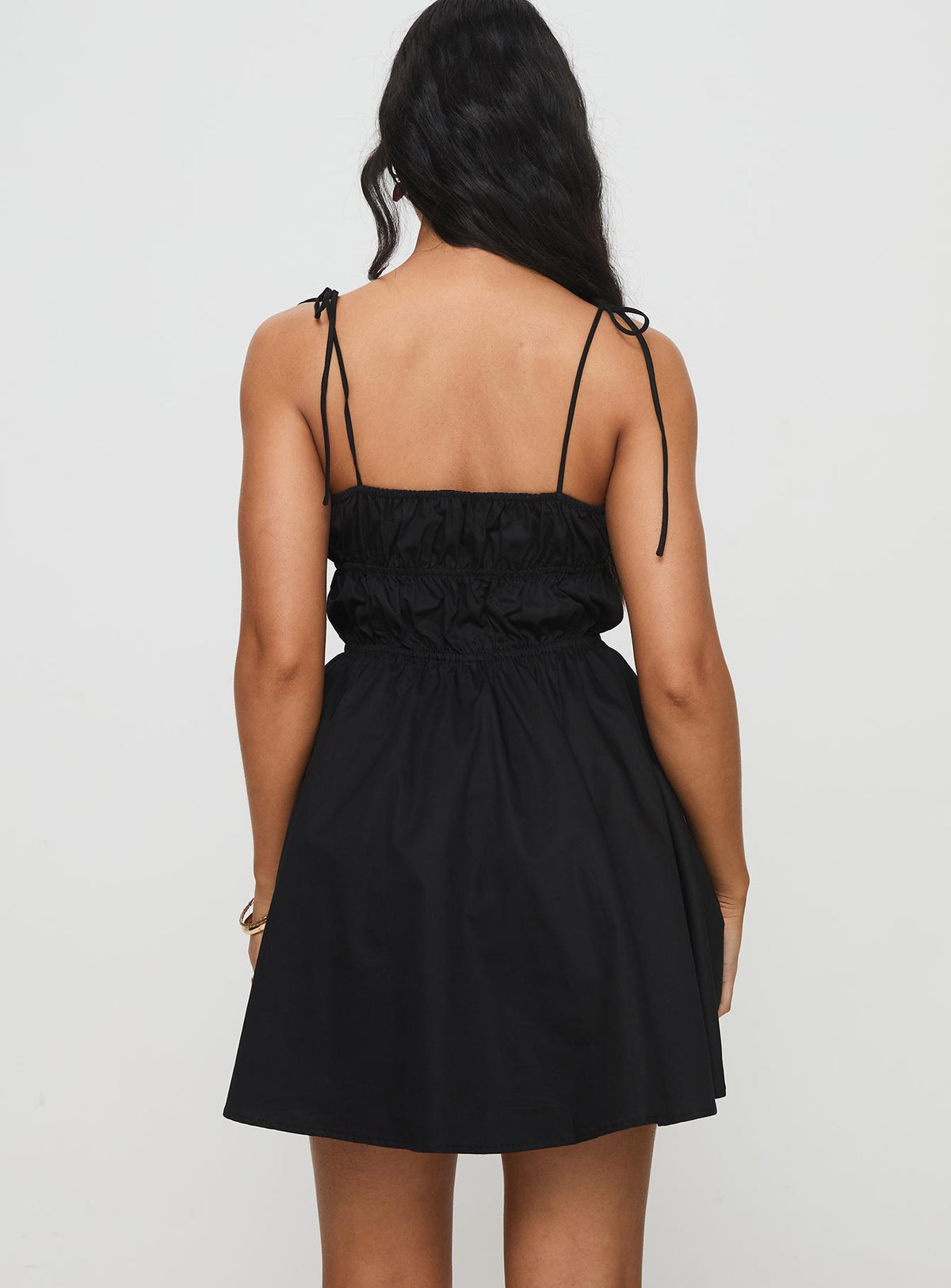 back view of model wearing Princess Polly Jacksonne Mini Dress Black Square Neck 