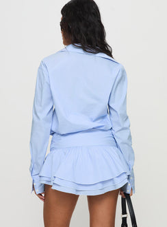 back view of model wearing Princess Polly Girls Girls Girls Mini Dress Blue V-Neck 
