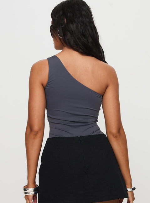 back view of model wearing Princess Polly Talija One Shoulder Bodysuit Slate Sleeveless Bodysuit 