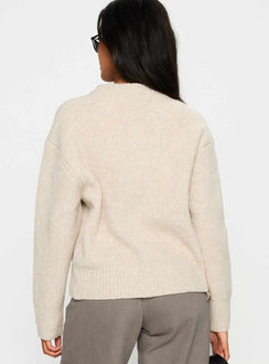 back view of model wearing Princess Polly Lexene Zip Through Jumper Oat Cropped Jumpers Jumpers 