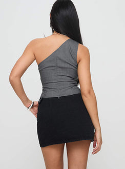 back view of model wearing Princess Polly Wait Up Denim Wrap Mini Skirt Washed Black Mini Skirts Skirts 