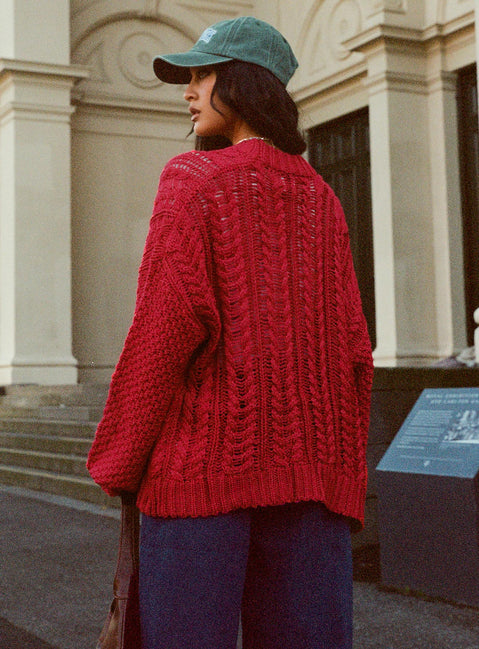 back view of model wearing Princess Polly Abner Cable Cardigan Red Longline Jumpers Jumpers 