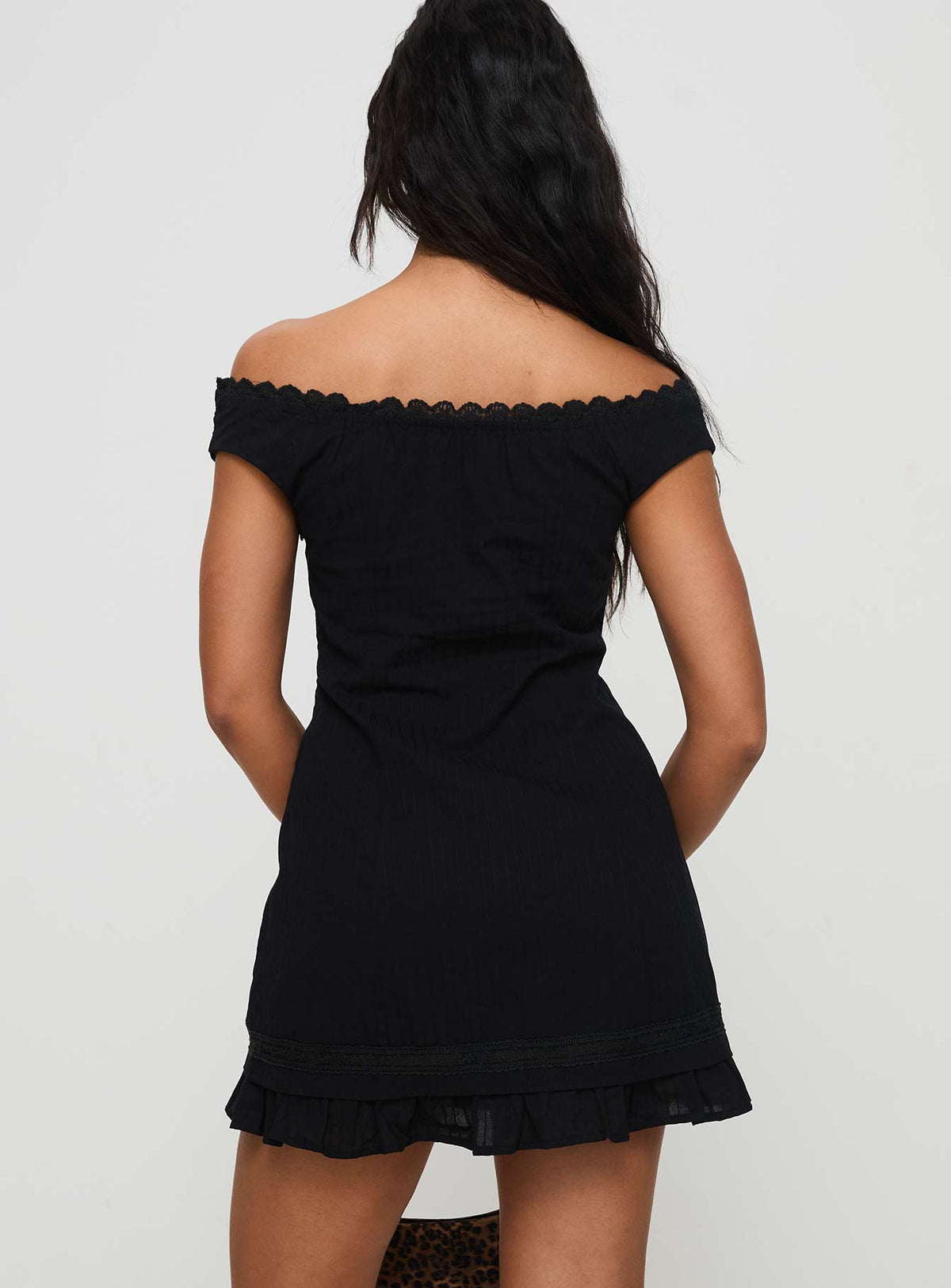 back view of model wearing Princess Polly Mirrorball Off The Shoulder Mini Dress Black Straight Neck 
