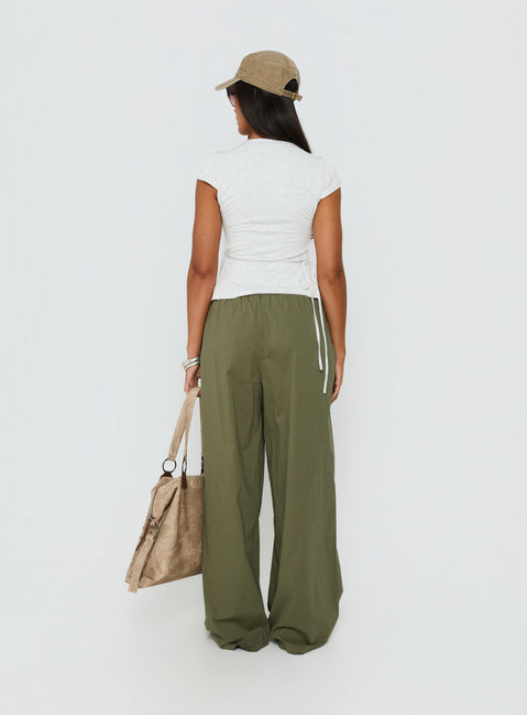 Highlighting Lunea Concealed Waistband Pants Khaki Petite in mid-rise womens-regular-pants back view of model wearing Princess Polly