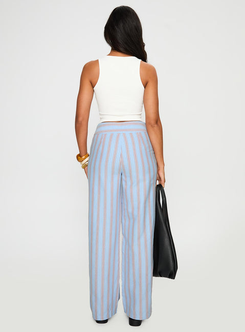 back view of model wearing Princess Polly Rush Hours Pants Blue Multi High Rise Pants Pants 