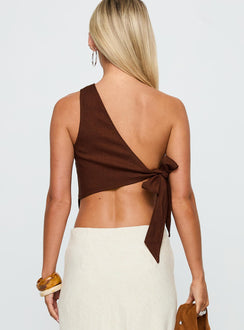back view of model wearing Princess Polly Frankle Top Chocolate / Blue Sleeveless Asymmetric Neckline 