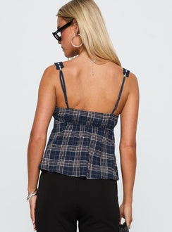 back view of model wearing Princess Polly Pretty It Up Tie Detail Top Blue Check Sleeveless V-Neck 