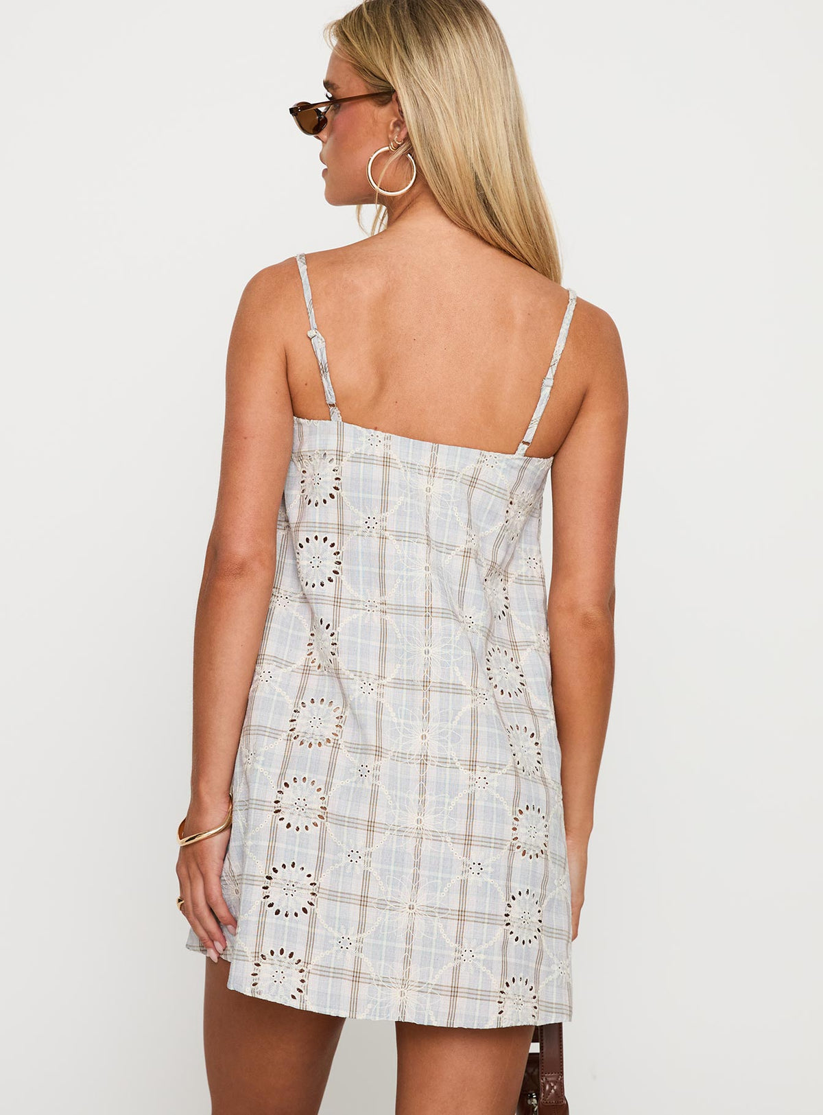 back view of model wearing Princess Polly Belong Together Mini Dress Blue Check Square Neck 
