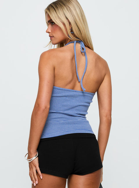 back view of model wearing Princess Polly Ezekiel Top Blue Stripe Sleeveless Square Neck 