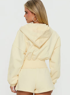 back view of model wearing Princess Polly Daytime Cropped Blouson Hoodie Buttercream Cropped Jumpers Jumpers 