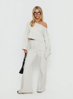 front view of model wearing Princess Polly Retreat Raw Edge Off Shoulder Jumper Snow Marle cropped Jumpers 