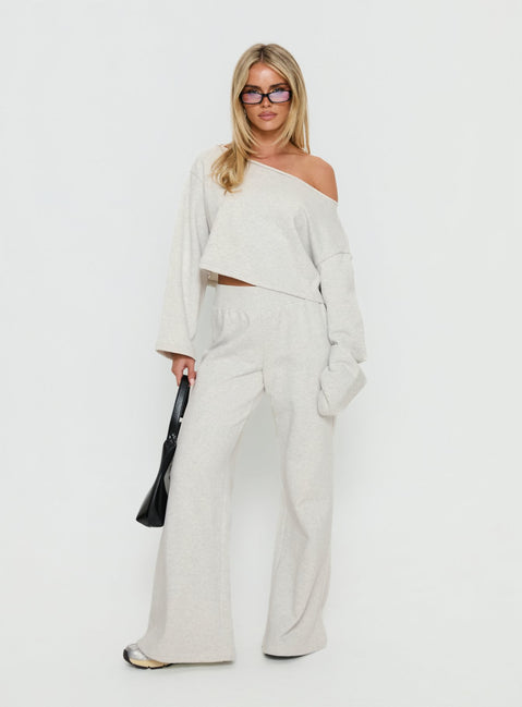 front view of model wearing Princess Polly Retreat Raw Edge Off Shoulder Jumper Snow Marle cropped Jumpers 