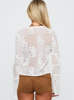 back view of model wearing Princess Polly Mine For Life Crochet Long Sleeve Top White Full Sleeves Crew Neck 