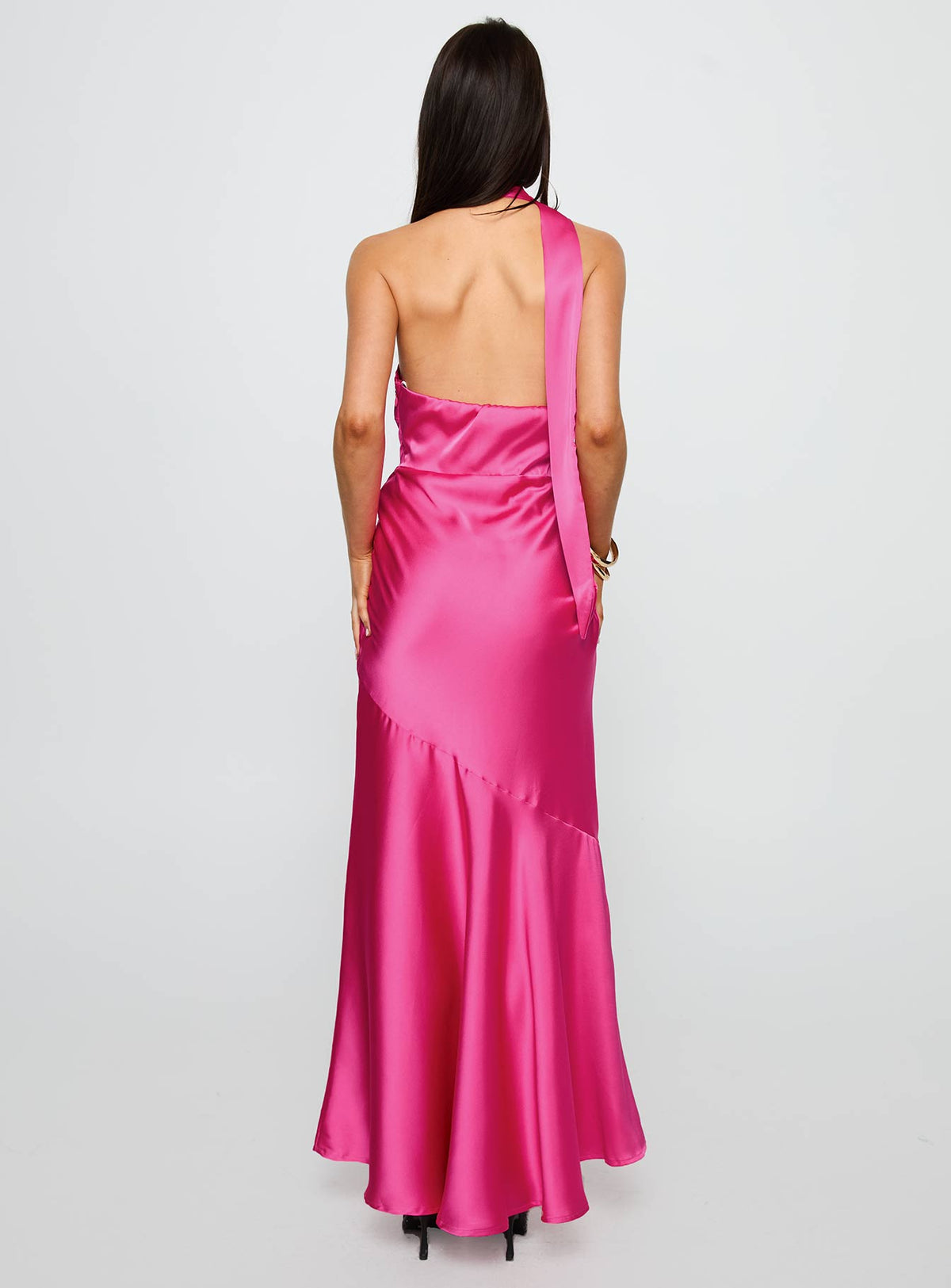 back view of model wearing Princess Polly Elixaire Scarf Maxi Dress Pink Asymmetric Neckline 