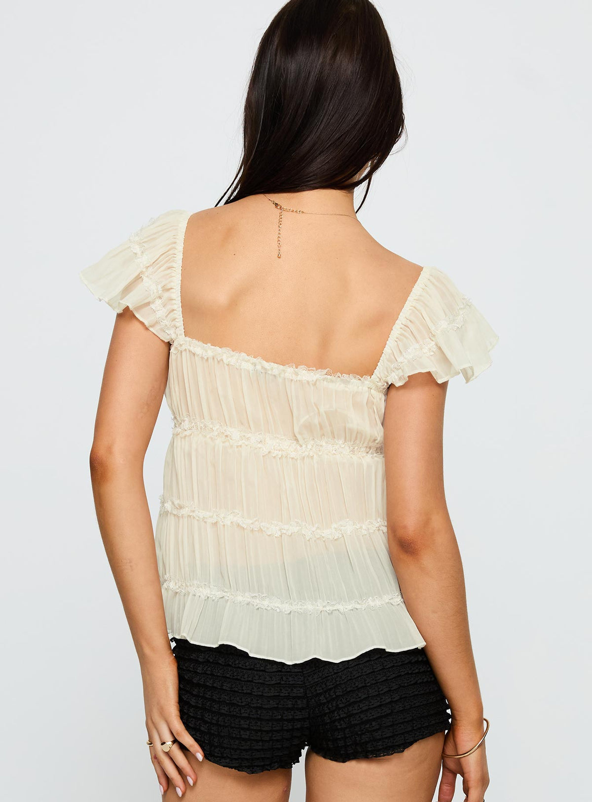 back view of model wearing Princess Polly Brighter Than Stars Tiered Top Cream Sleeveless Square Neck 