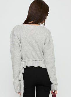back view of model wearing Princess Polly Tonee Wrap Knit Cardigan Grey Cropped Jumpers 