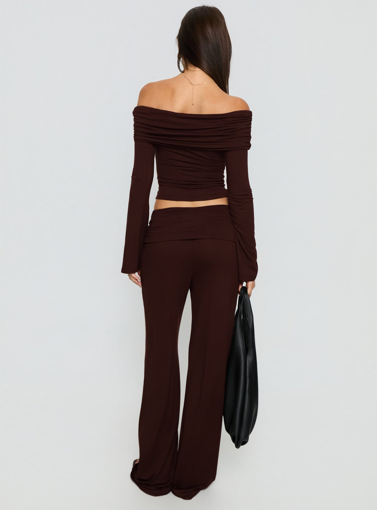back view of model wearing Princess Polly Fawne Ruched Folded Pants Brown Mid Rise Pants Pants 