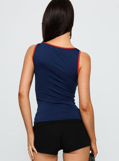 back view of model wearing Princess Polly Oh So Tempting Cut Out Top Navy / Red Sleeveless Asymmetric Neckline 