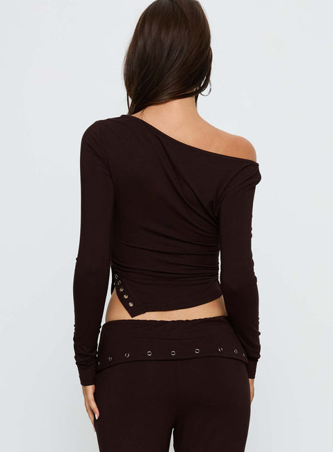 Wynna Eyelet Detail One Shoulder Top Chocolate