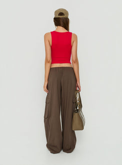 Showcasing Lunea Concealed Waistband Cargo Pants Brown in womens-regular-pants with mid-rise back view of model wearing